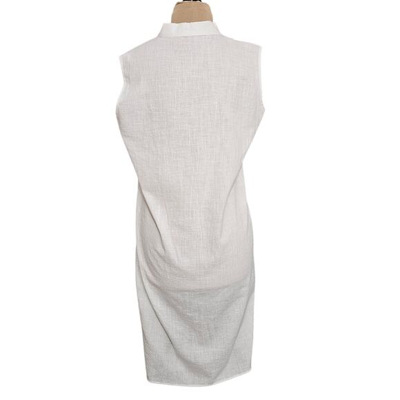 Sleeveless White Swim Coverup Tunic Dress Black Button Accents Crossover Neck - Picture 2 of 12